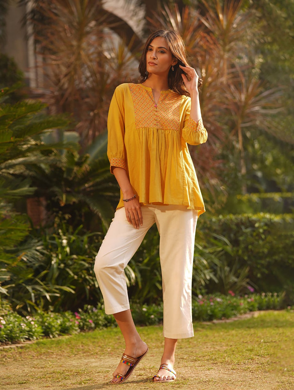 Mustard Embroidered Cotton Top With Gathers - XS