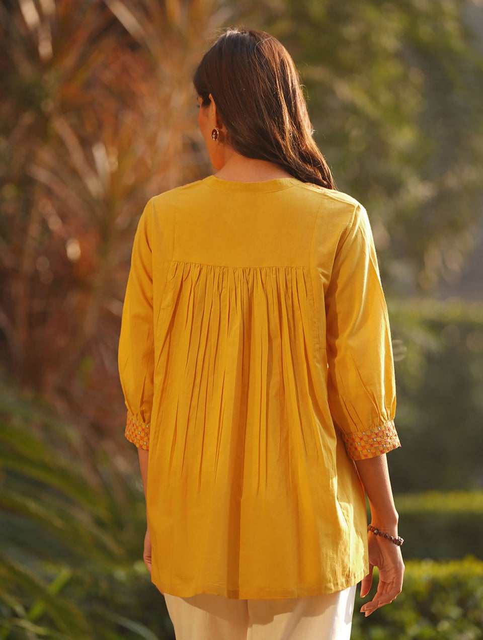 Mustard Embroidered Cotton Top With Gathers - XS