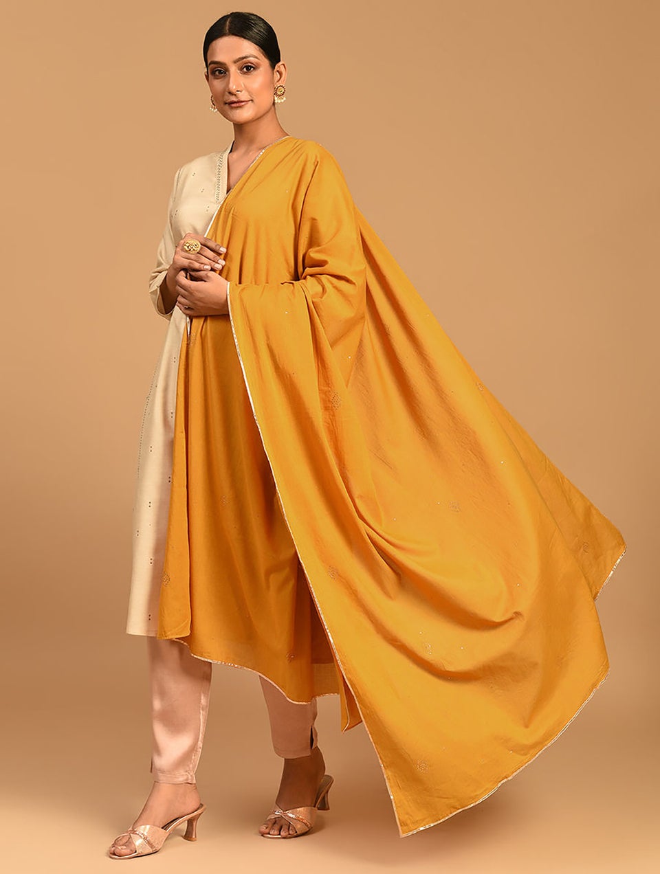 Women Yellow Cotton Hand Embroidery Dupatta