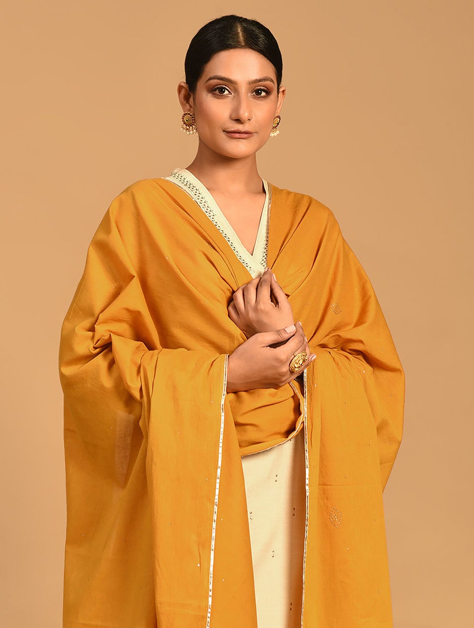 Women Yellow Cotton Hand Embroidery Dupatta