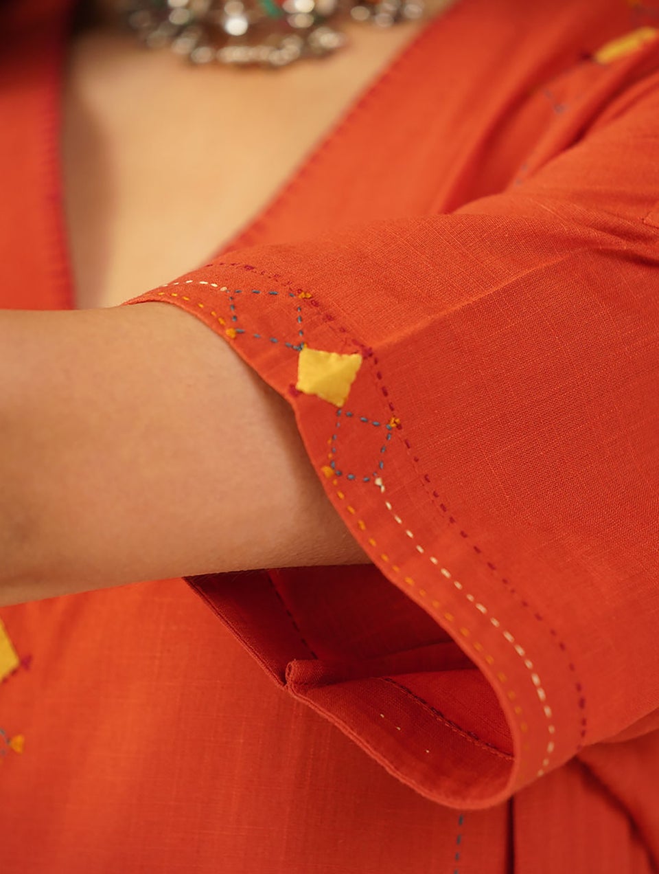 Women Red Cotton Applique V Neck Regular Fit Kurta - S-M