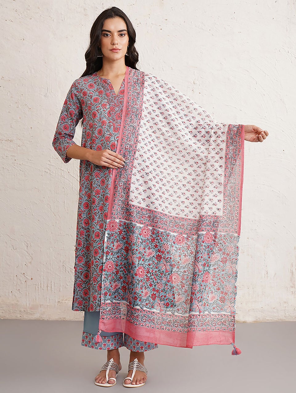 Women White Cotton Silk Block Print Collection Dupatta