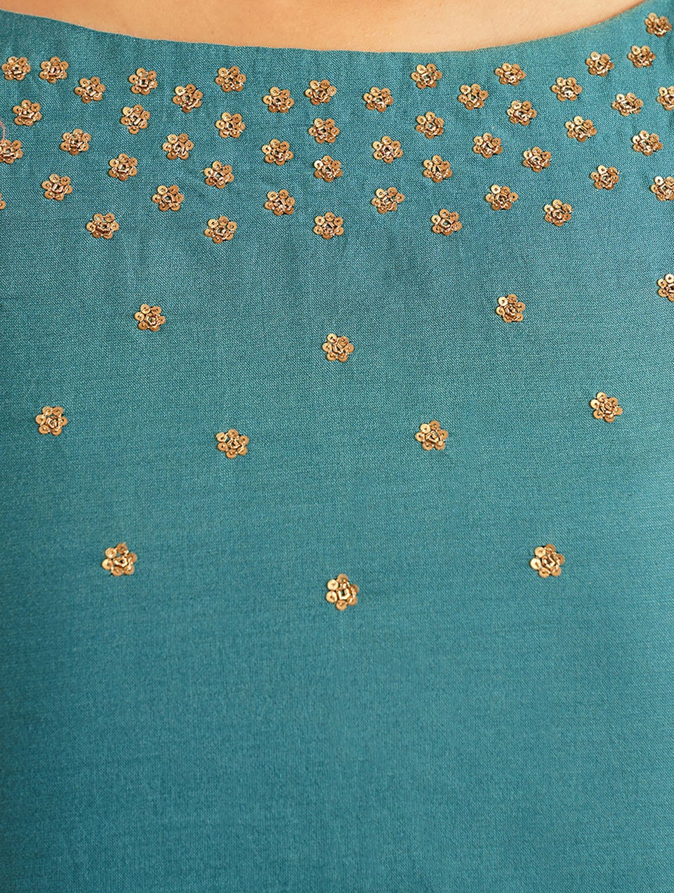 Women Teal Hand Embroidered Silk Cotton Kurta - XS