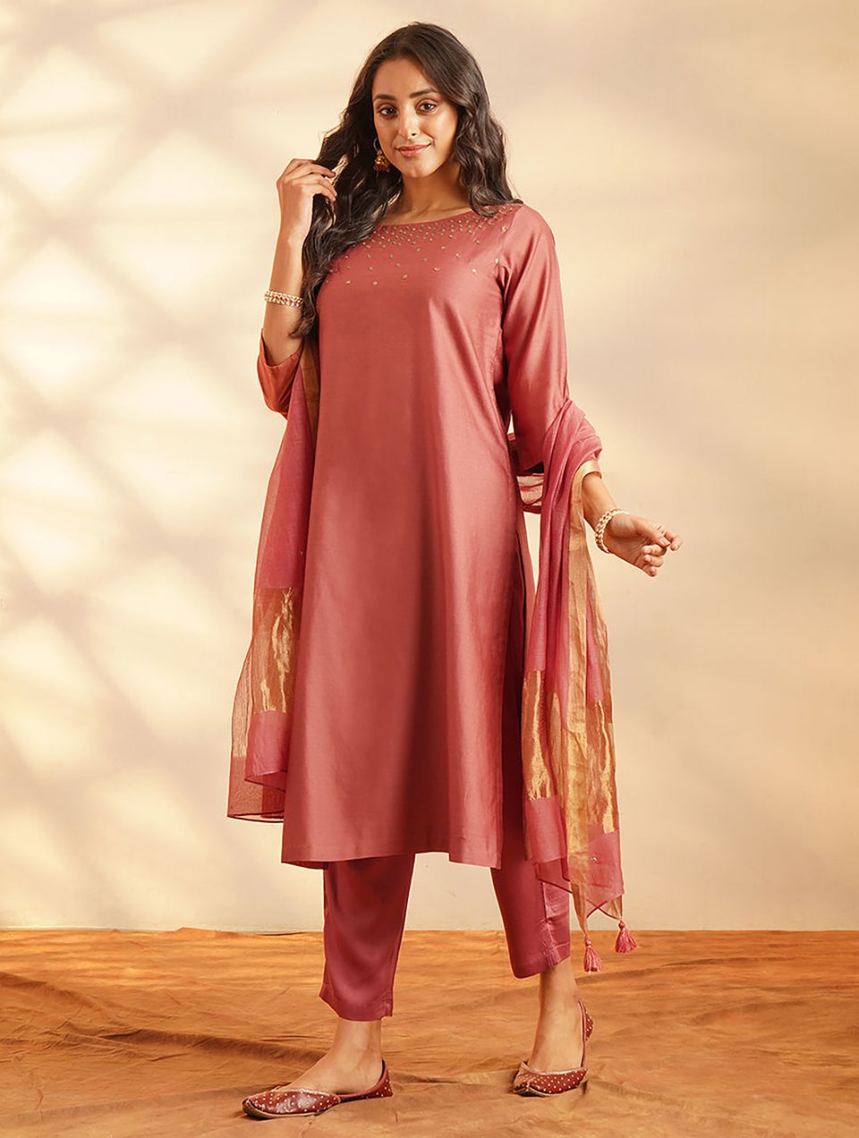 Women Rust Orange Cotton Silk Hand Embroidery Round Neck Regular Fit Kurta - XS
