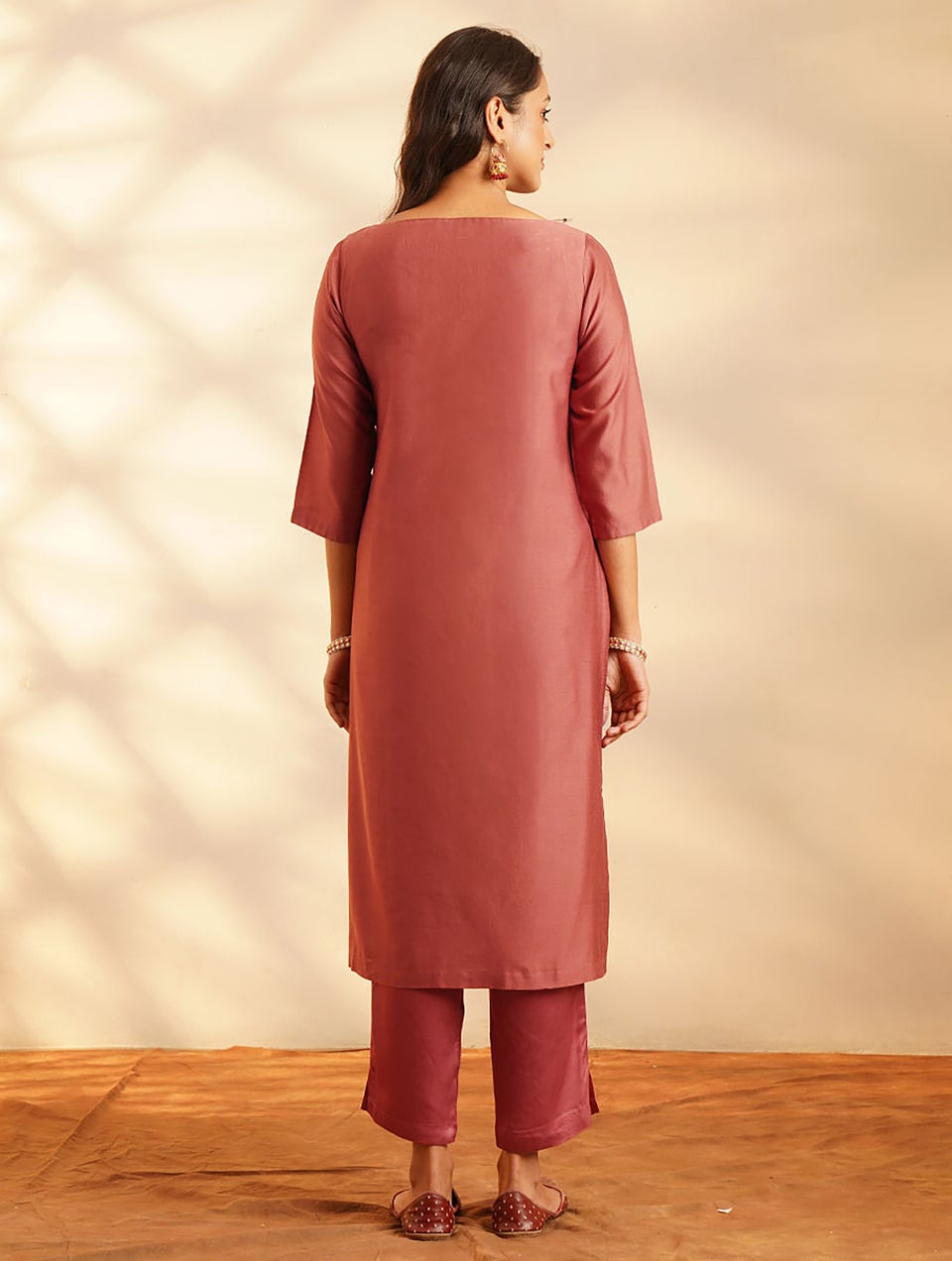 Women Rust Orange Cotton Silk Hand Embroidery Round Neck Regular Fit Kurta - XS