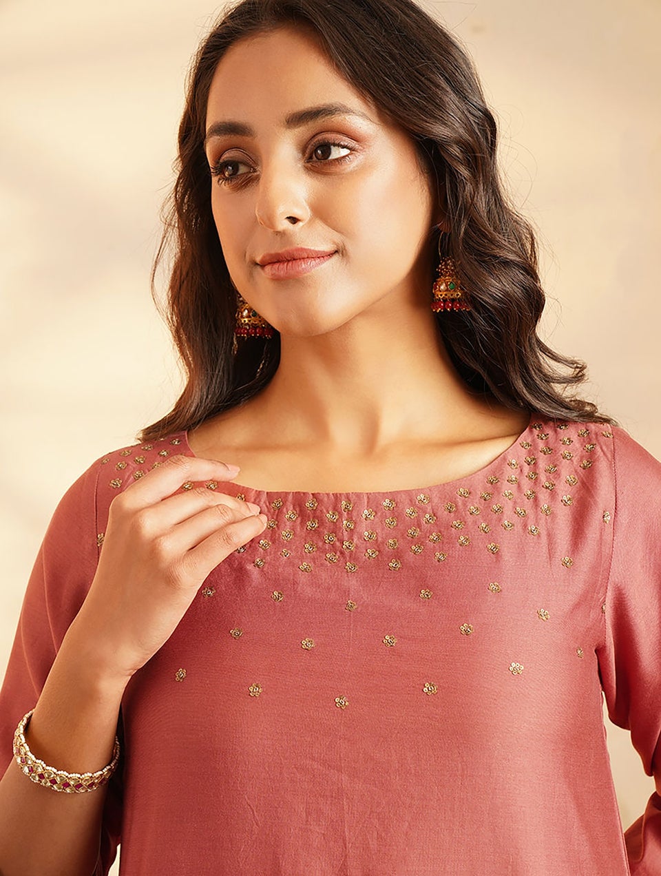 Women Rust Orange Cotton Silk Hand Embroidery Round Neck Regular Fit Kurta - XS