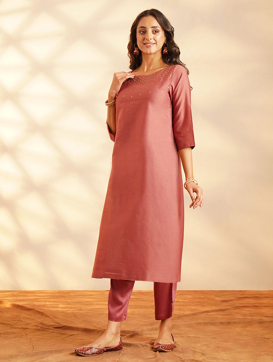 Women Rust Orange Cotton Silk Hand Embroidery Round Neck Regular Fit Kurta - XS