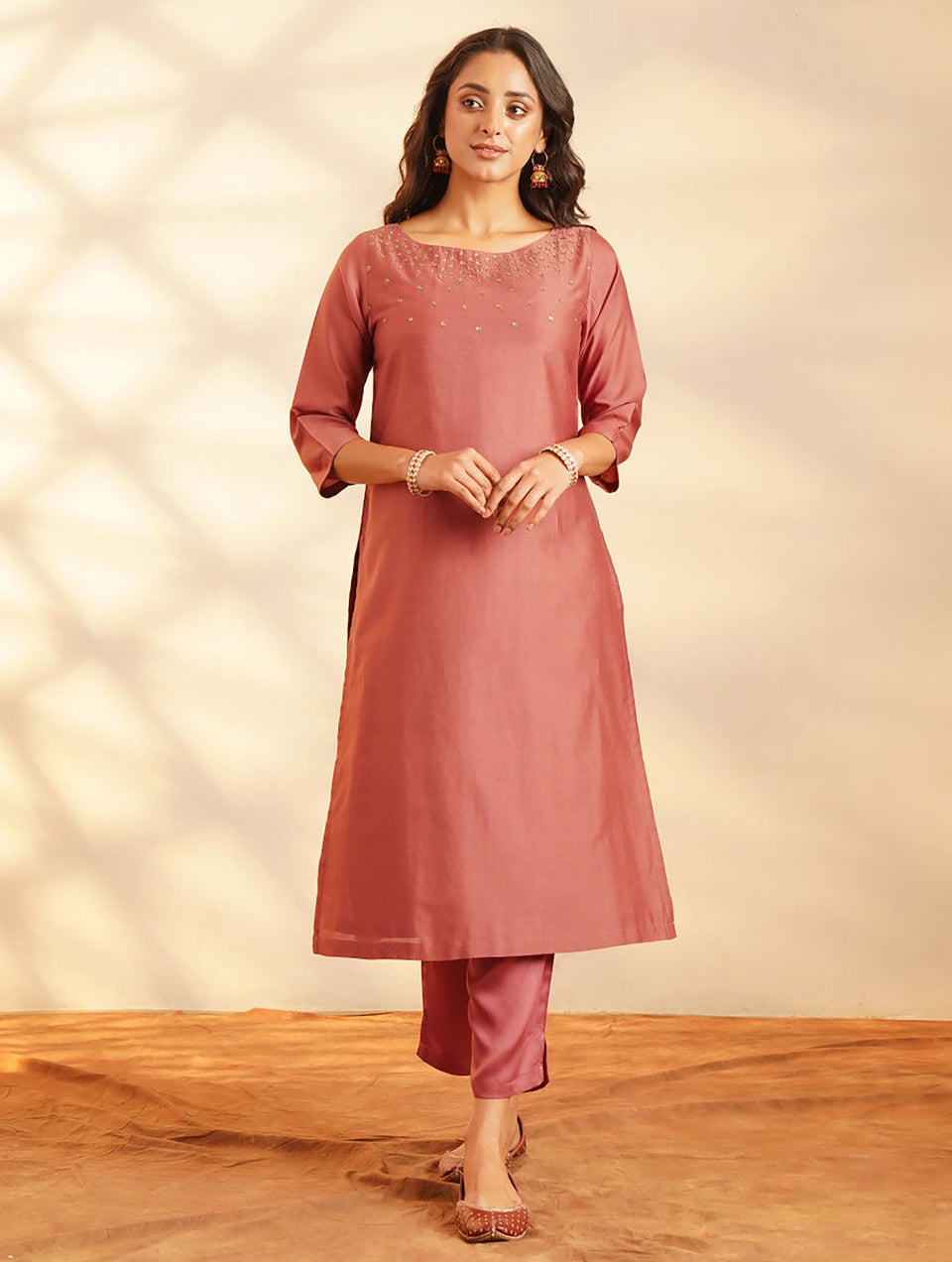 Women Rust Orange Cotton Silk Hand Embroidery Round Neck Regular Fit Kurta - XS