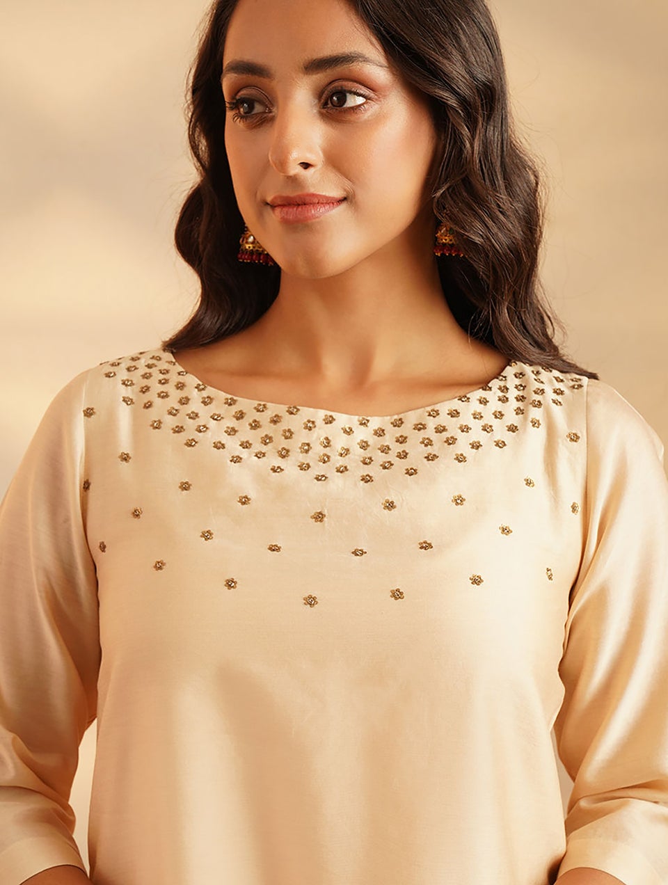 Women Beige Brown Cotton Silk Hand Embroidery Round Neck Regular Fit Kurta - XS