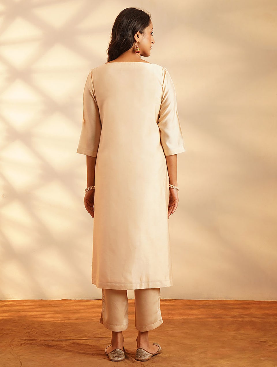 Women Beige Brown Cotton Silk Hand Embroidery Round Neck Regular Fit Kurta - XS