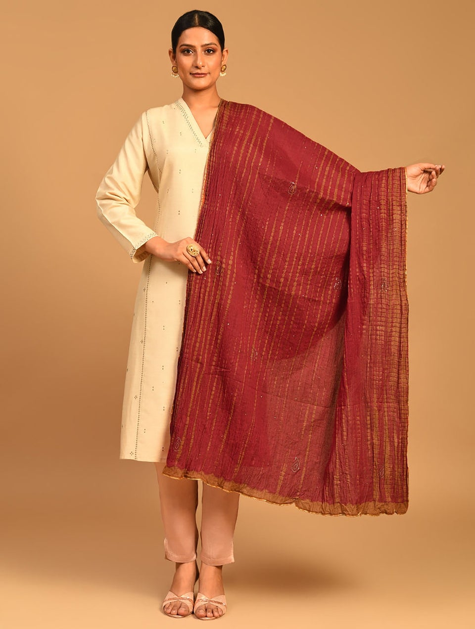 Women Maroon-Brown Shibori Cotton Dupatta With Mukaish