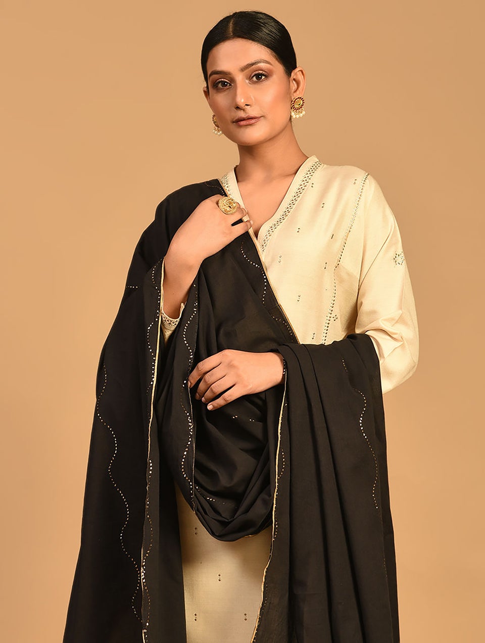 Women Black Mukaish Cotton Dupatta