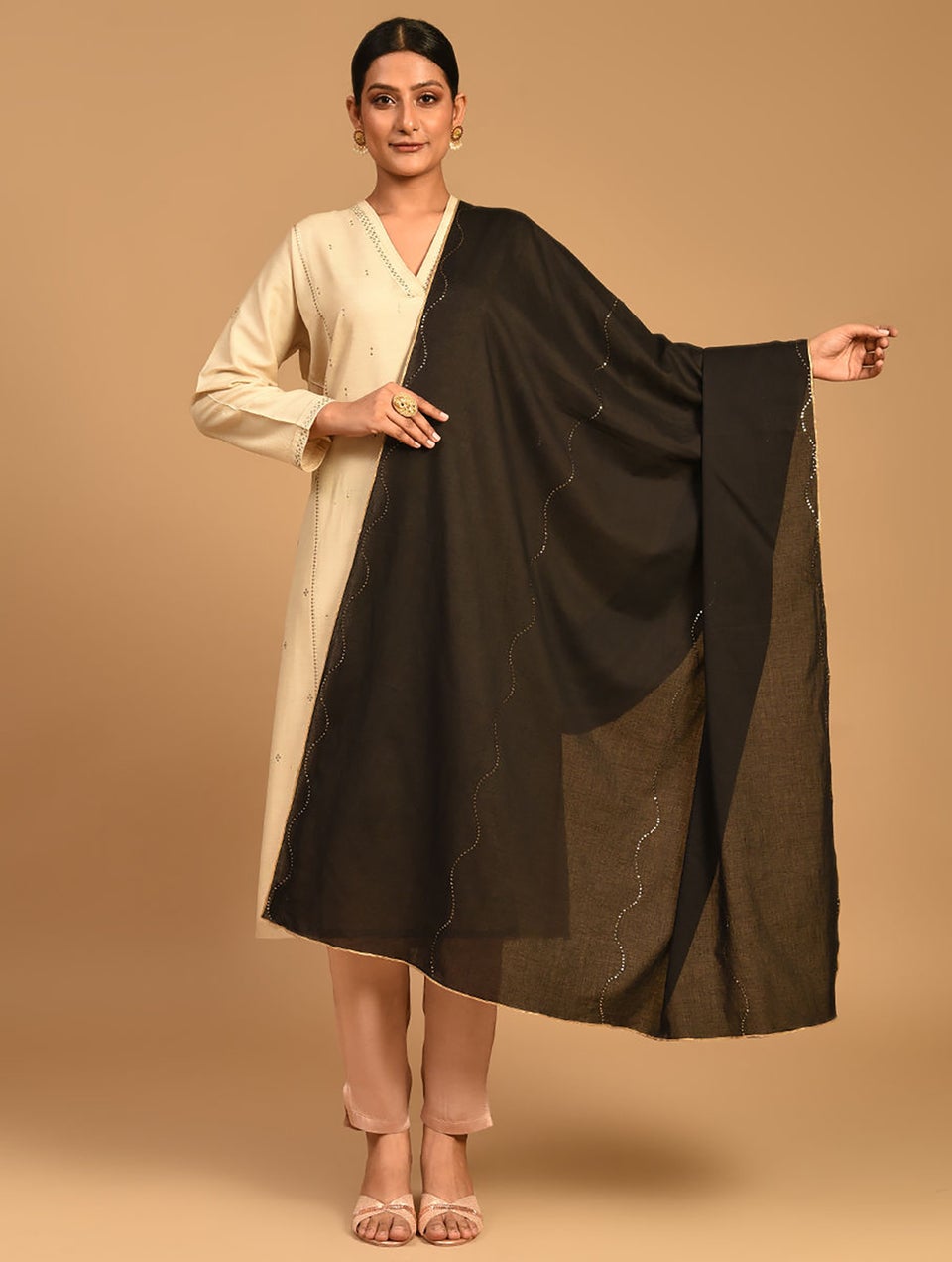 Women Black Mukaish Cotton Dupatta