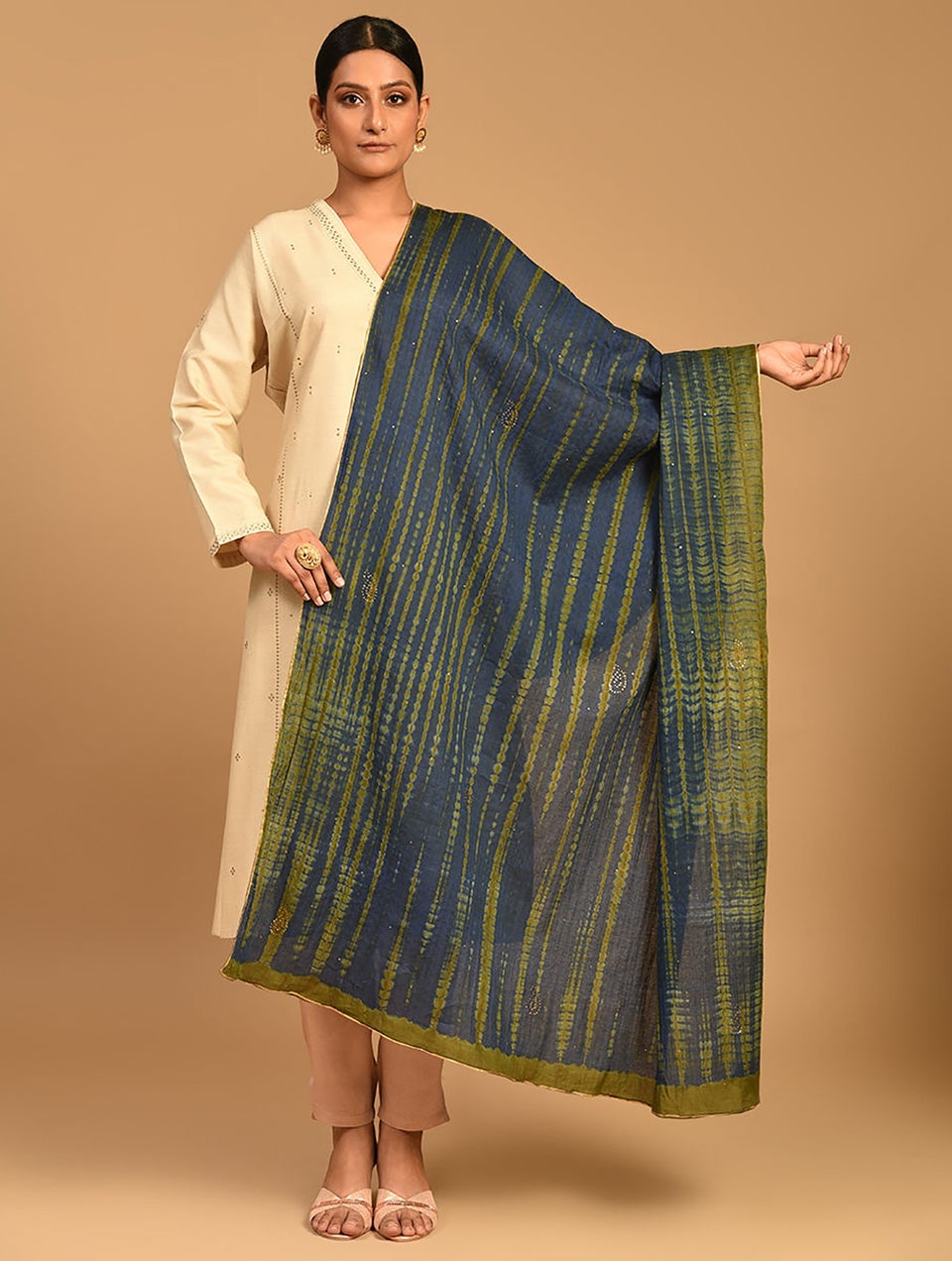 Women Blue-Green Shibori Cotton Dupatta With Mukaish