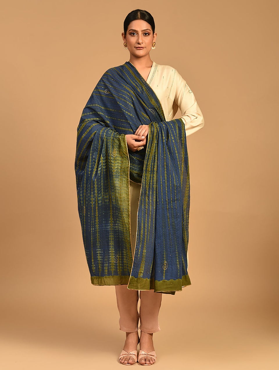 Women Blue-Green Shibori Cotton Dupatta With Mukaish