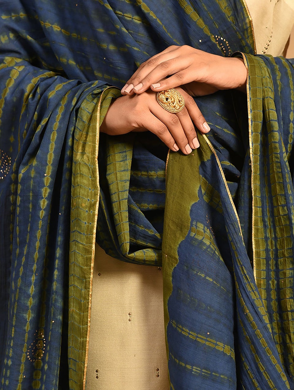 Women Blue-Green Shibori Cotton Dupatta With Mukaish