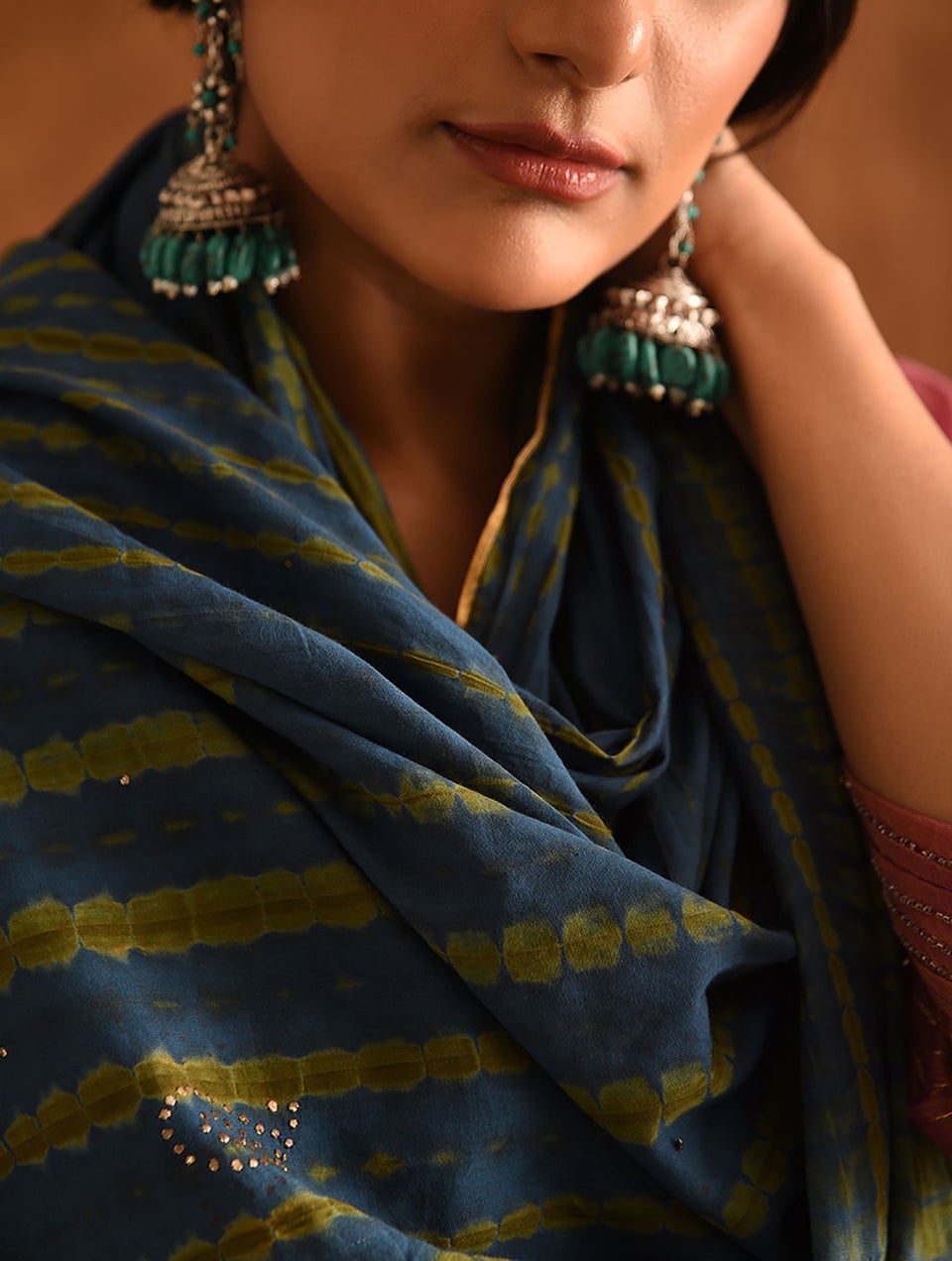 Women Blue-Green Shibori Cotton Dupatta With Mukaish