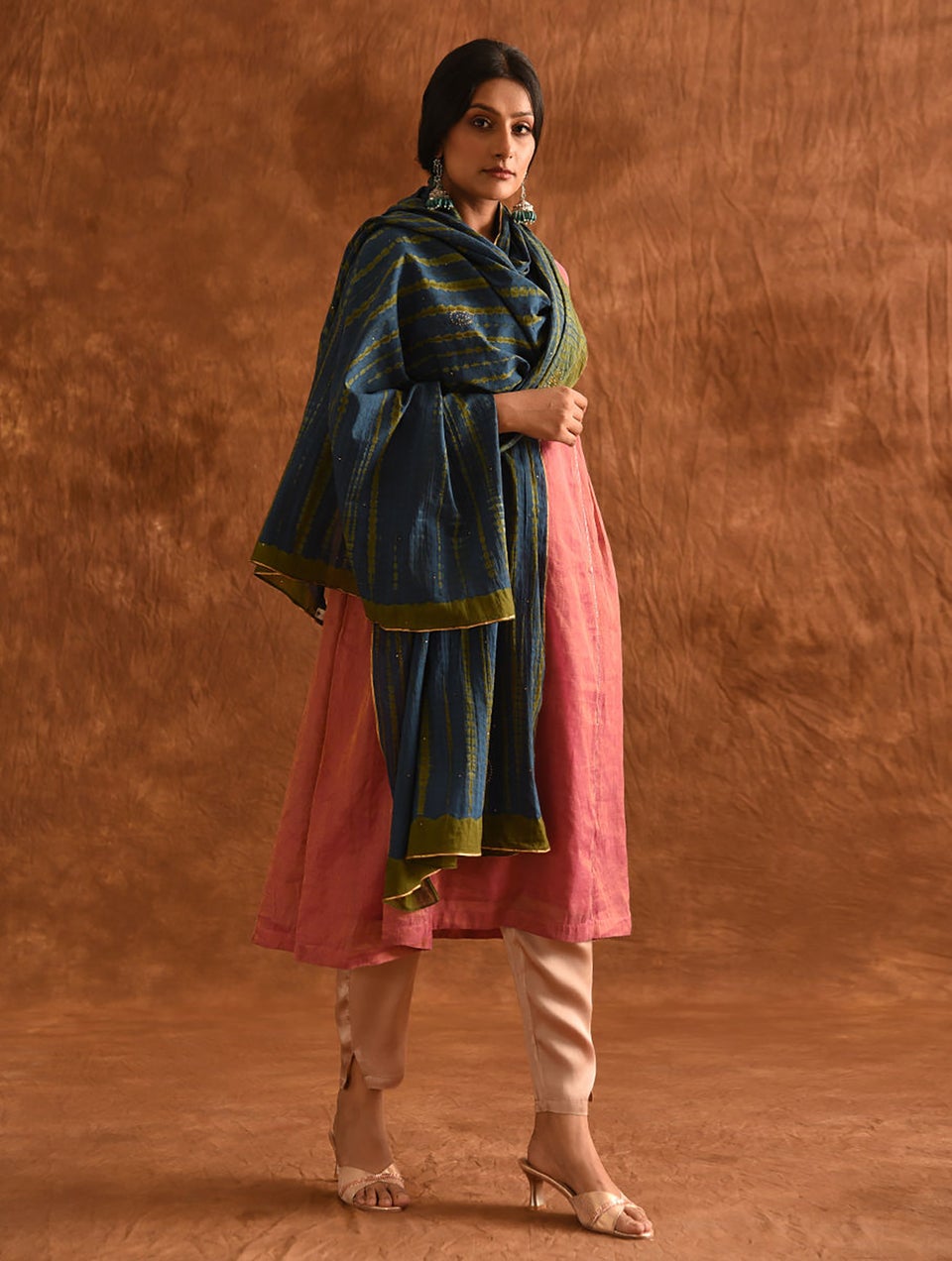 Women Blue-Green Shibori Cotton Dupatta With Mukaish