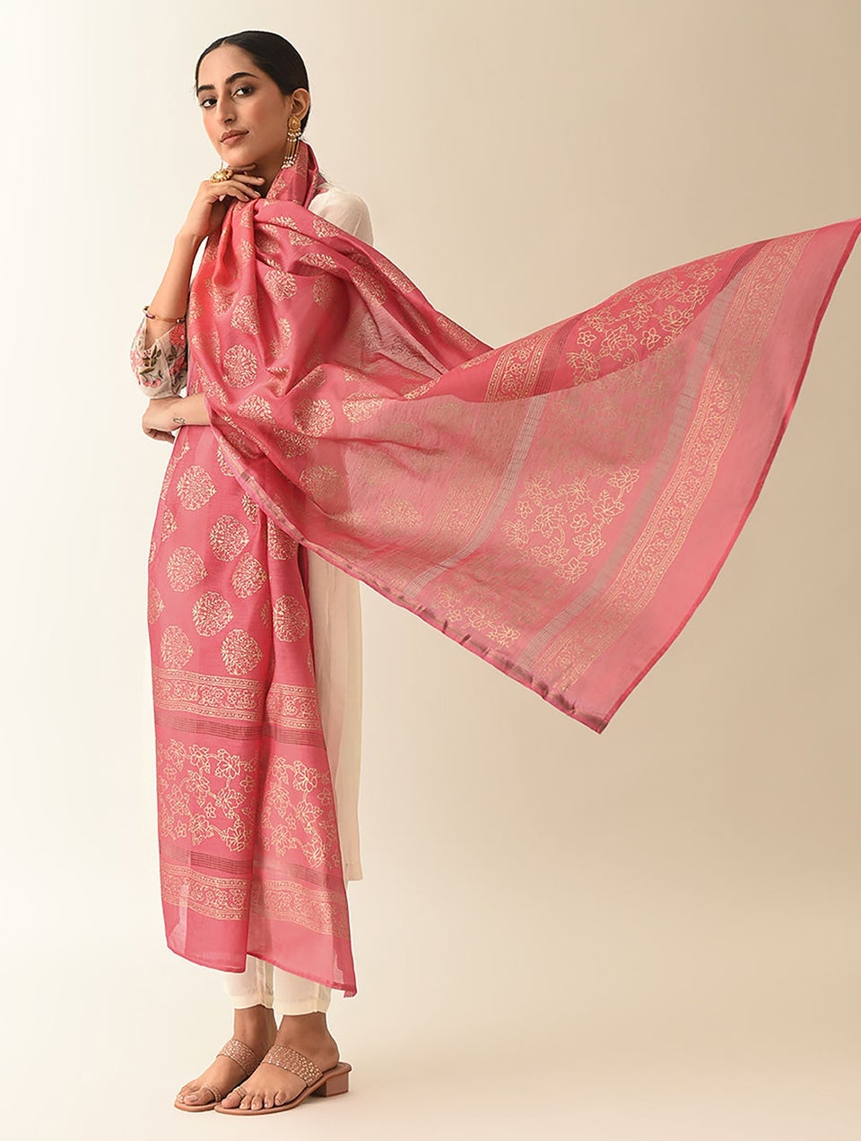 Women Pink Cotton Silk Block Print Dupatta