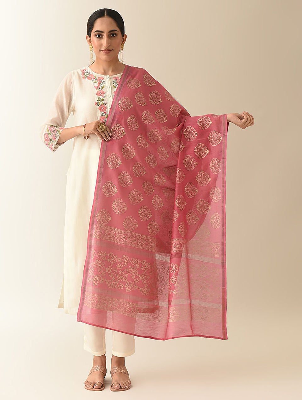 Women Pink Cotton Silk Block Print Dupatta
