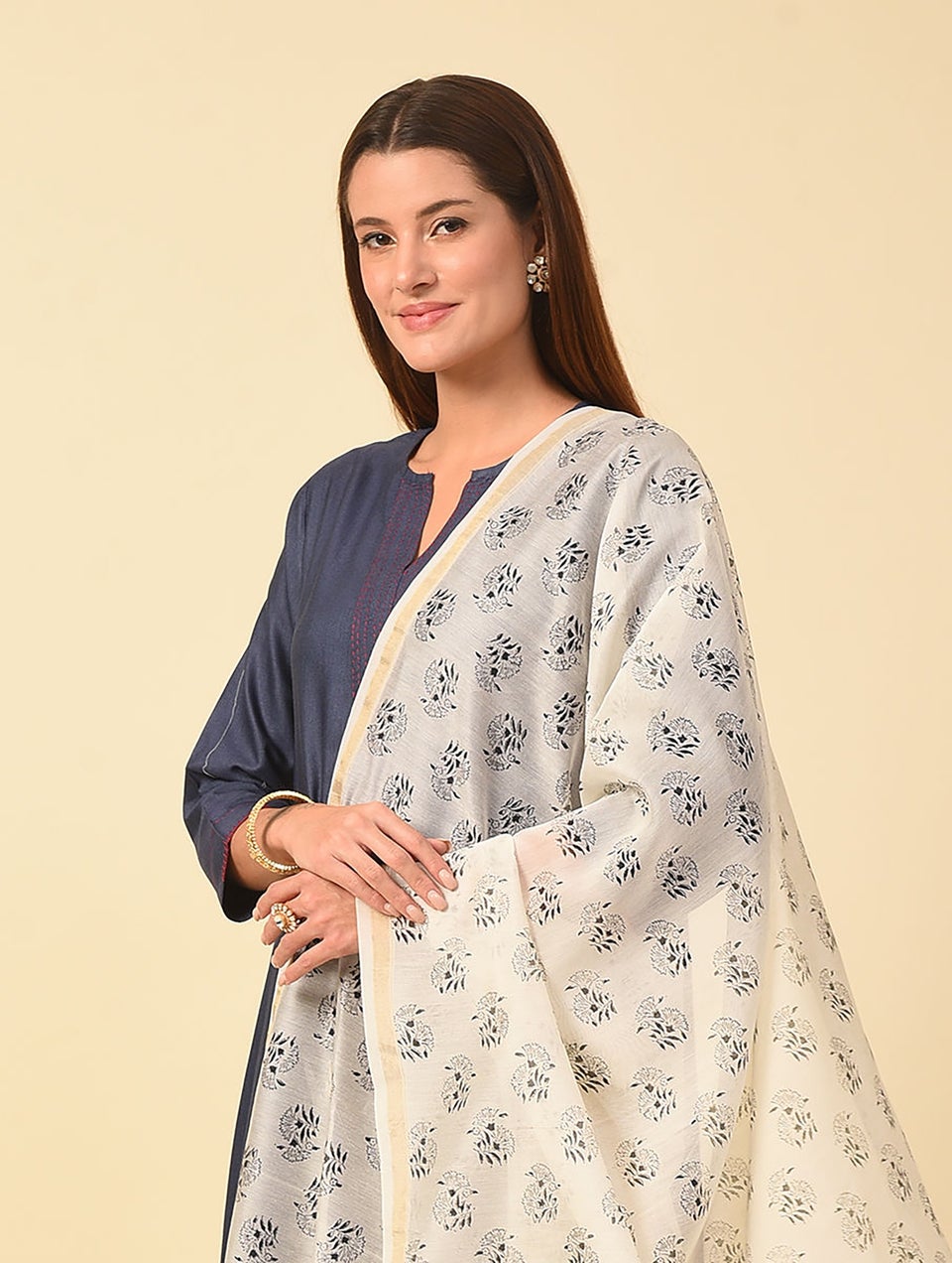 Women Black Cotton Silk Block Print Dupatta