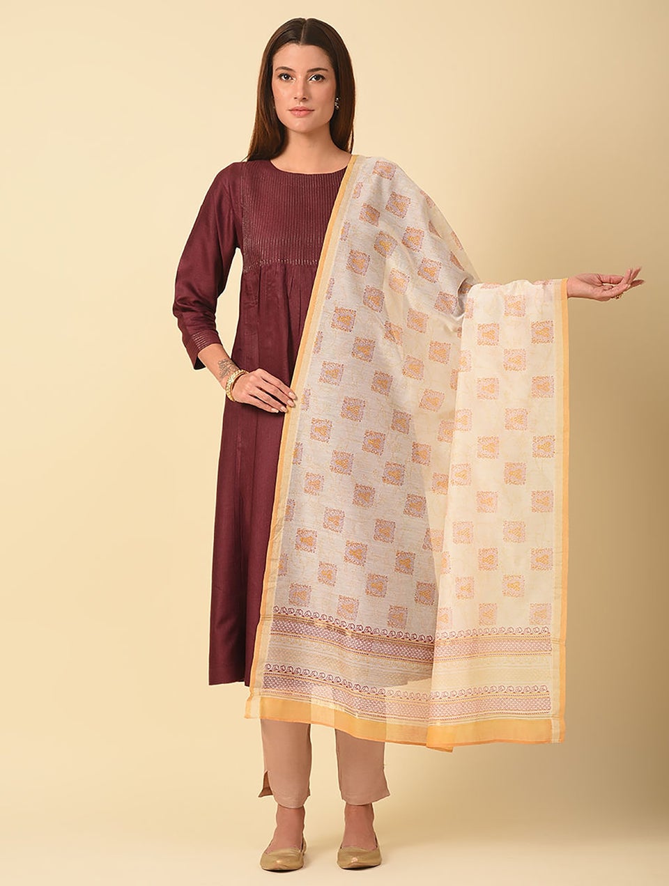 Women Green Cotton Silk Block Print Dupatta
