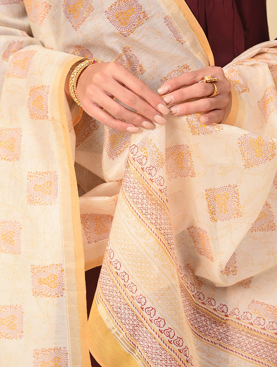 Women Green Cotton Silk Block Print Dupatta