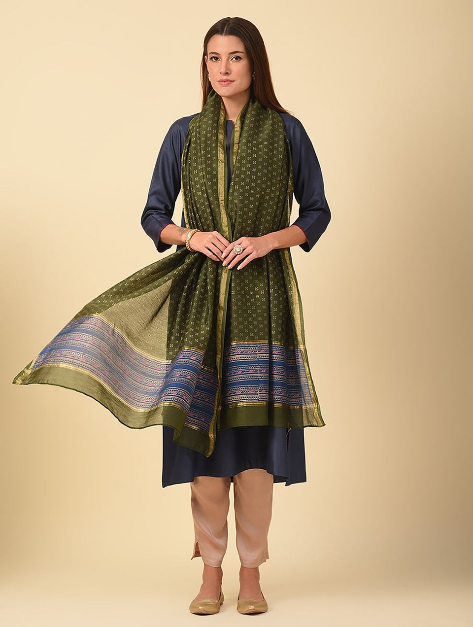 Women Olive Green Cotton Silk Block Print Dupatta