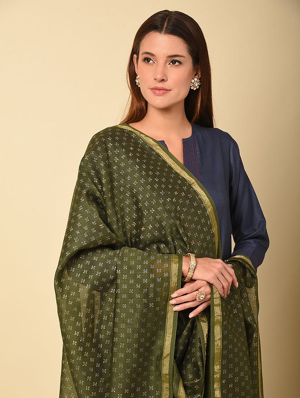 Women Olive Green Cotton Silk Block Print Dupatta