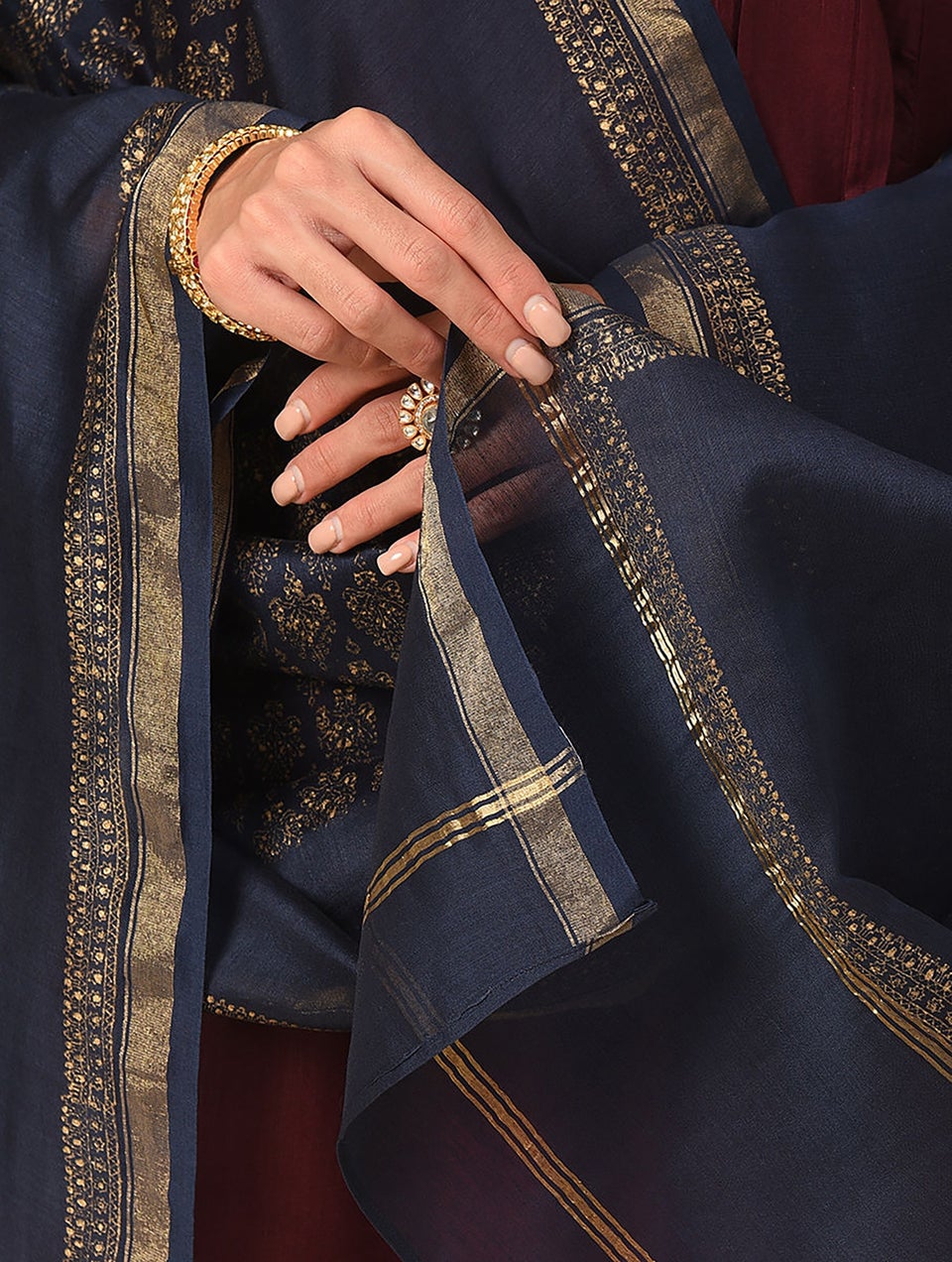 Women Blue Cotton Silk Block Print Dupatta