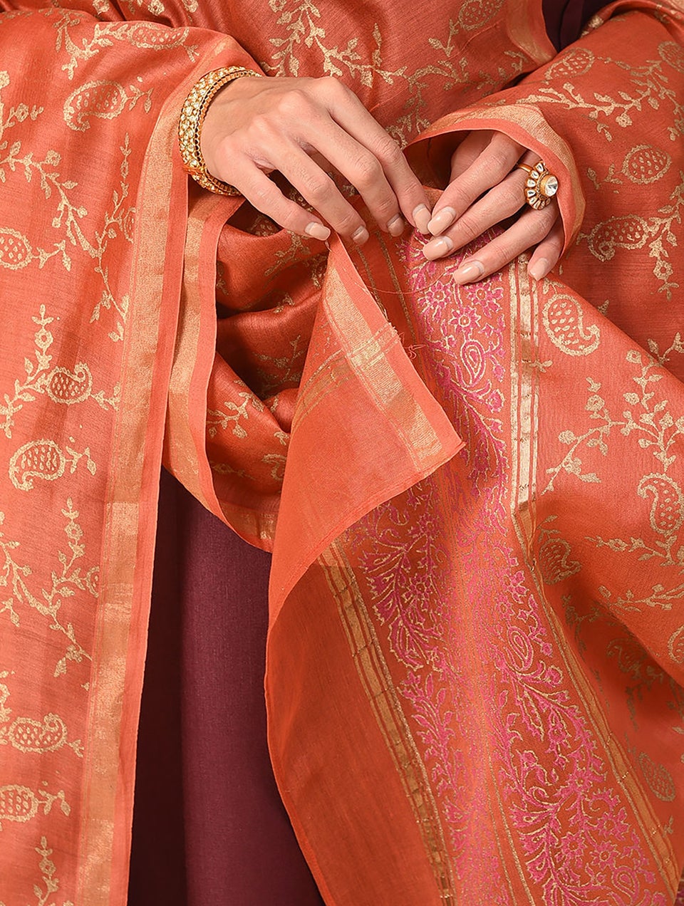 Women Maroon Red Cotton Silk Block Print Dupatta