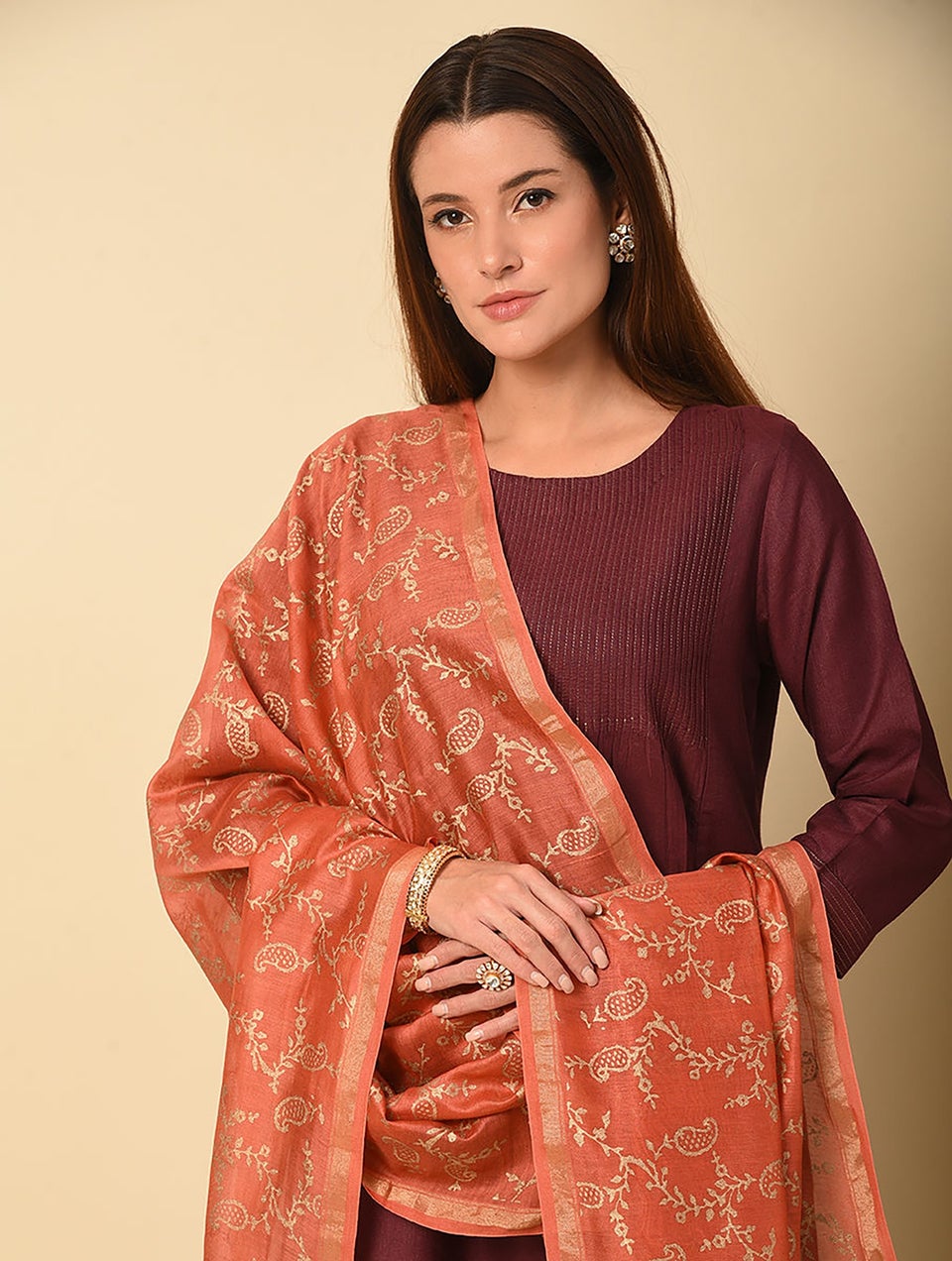 Women Maroon Red Cotton Silk Block Print Dupatta