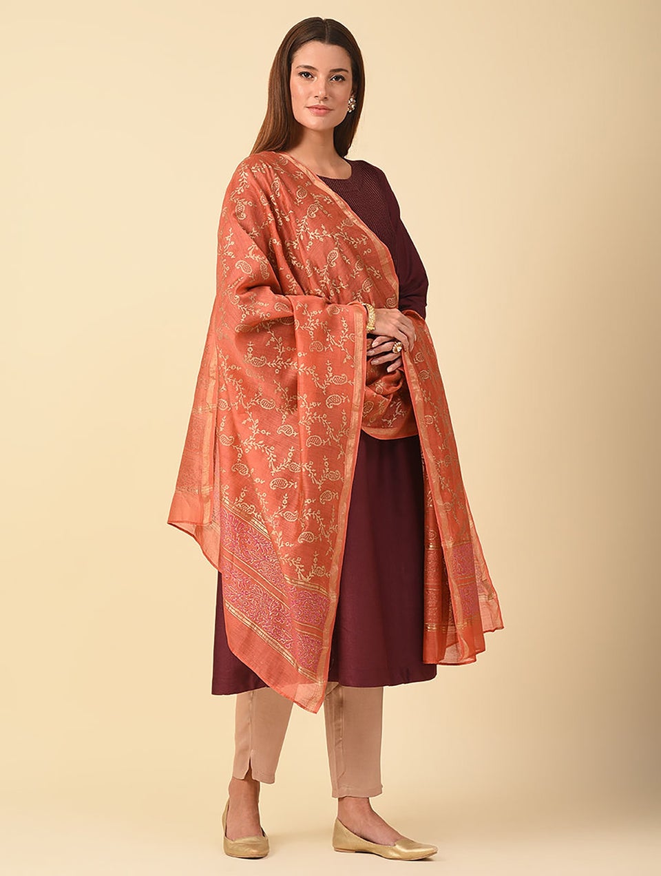 Women Maroon Red Cotton Silk Block Print Dupatta