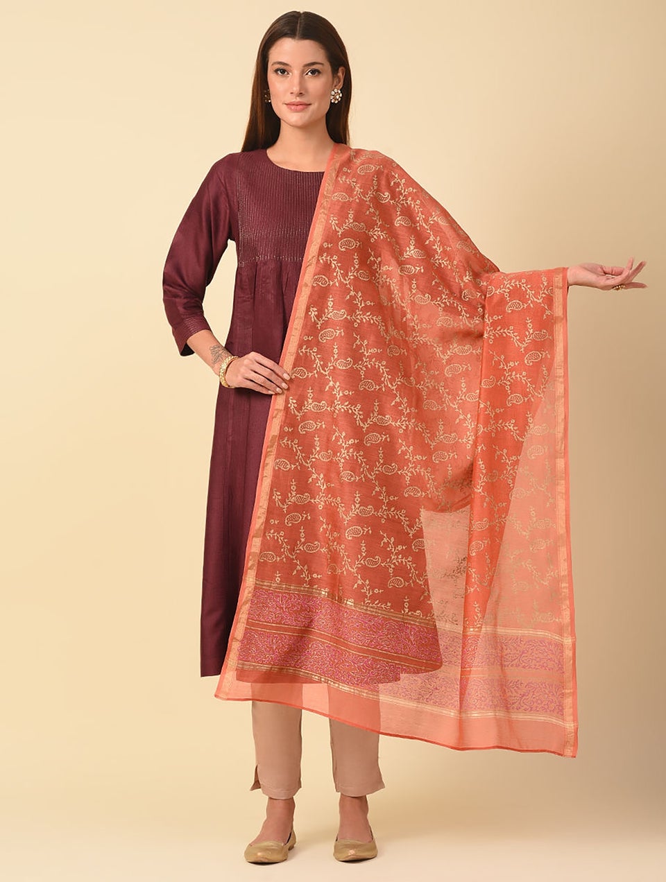Women Maroon Red Cotton Silk Block Print Dupatta