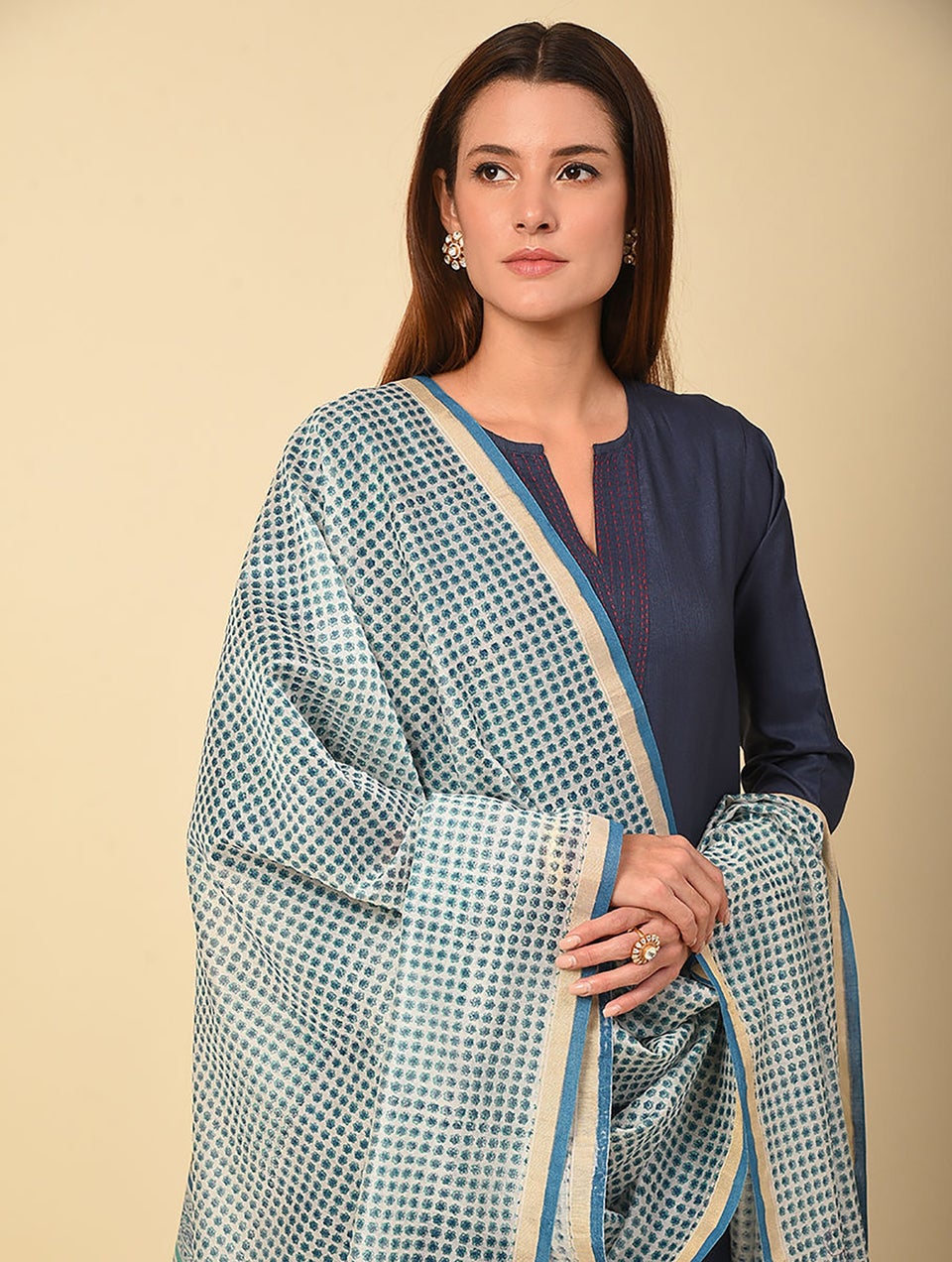 Women Blue Cotton Silk Block Print Dupatta