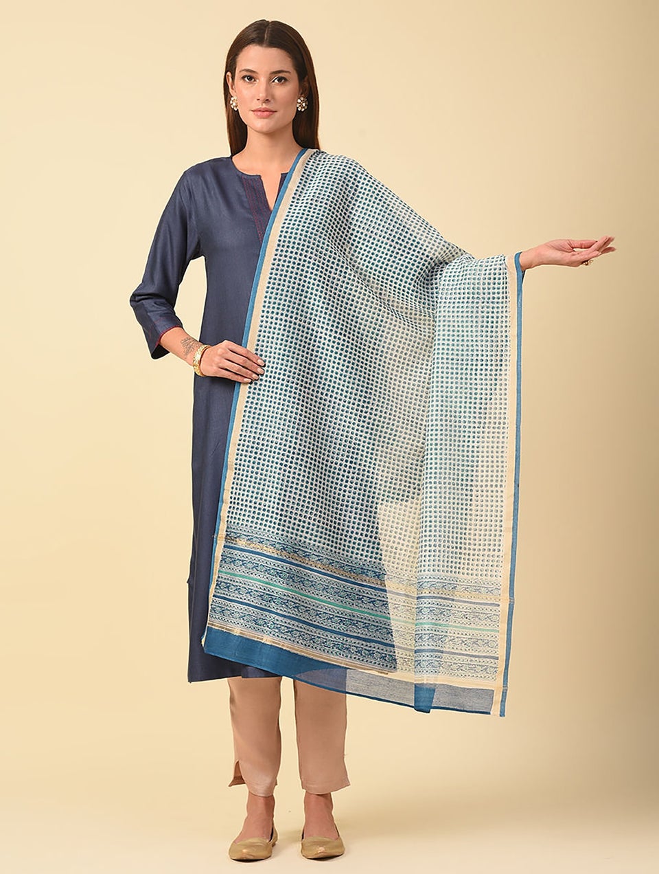 Women Blue Cotton Silk Block Print Dupatta