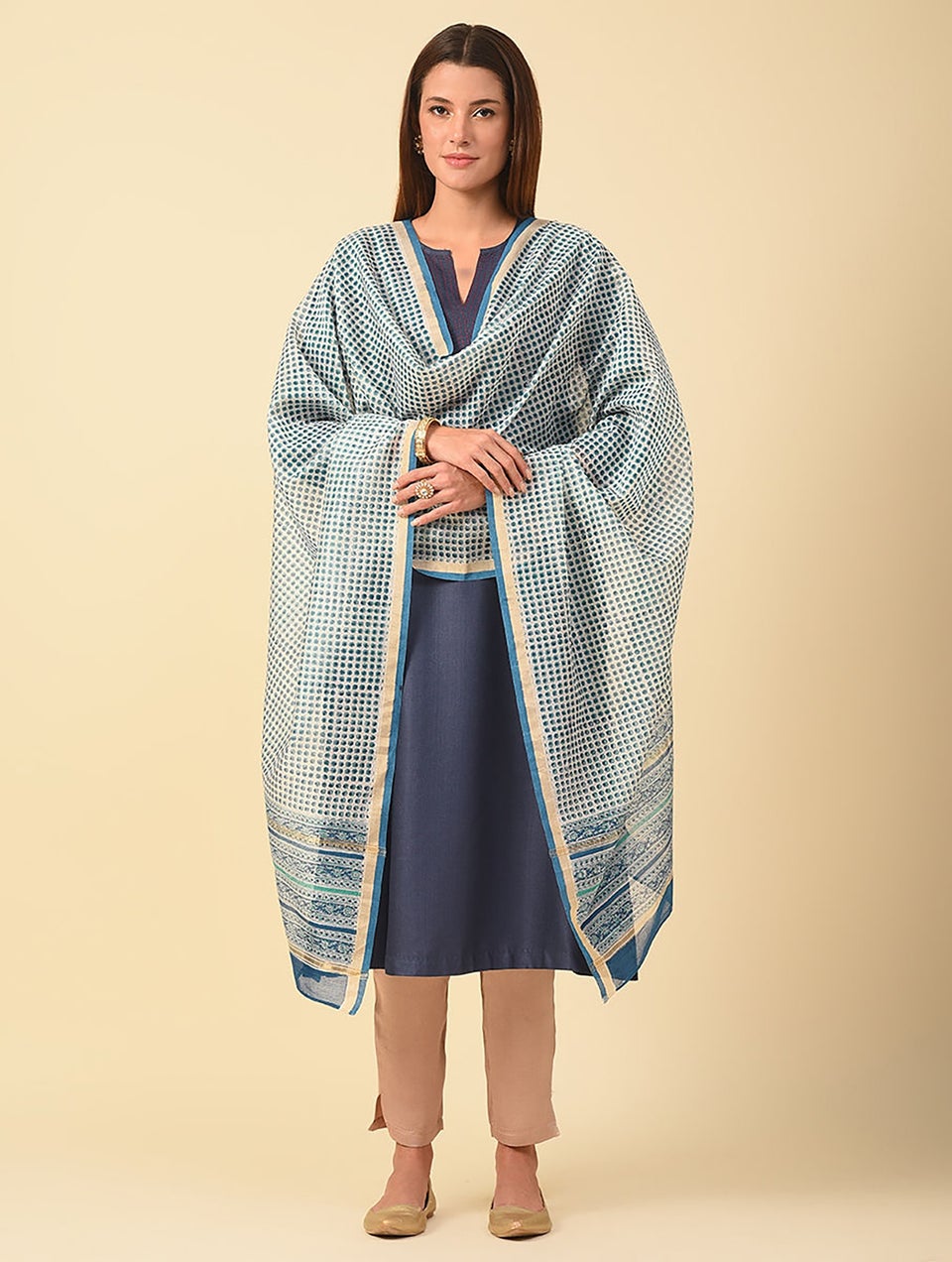 Women Blue Cotton Silk Block Print Dupatta