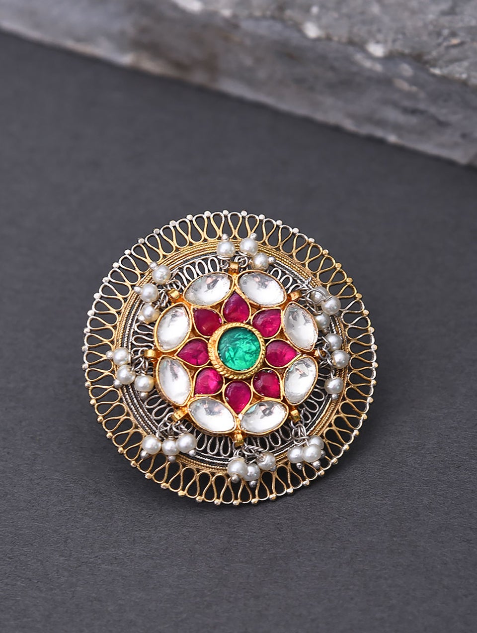Women Pink Green Dual Tone Kundan Ring