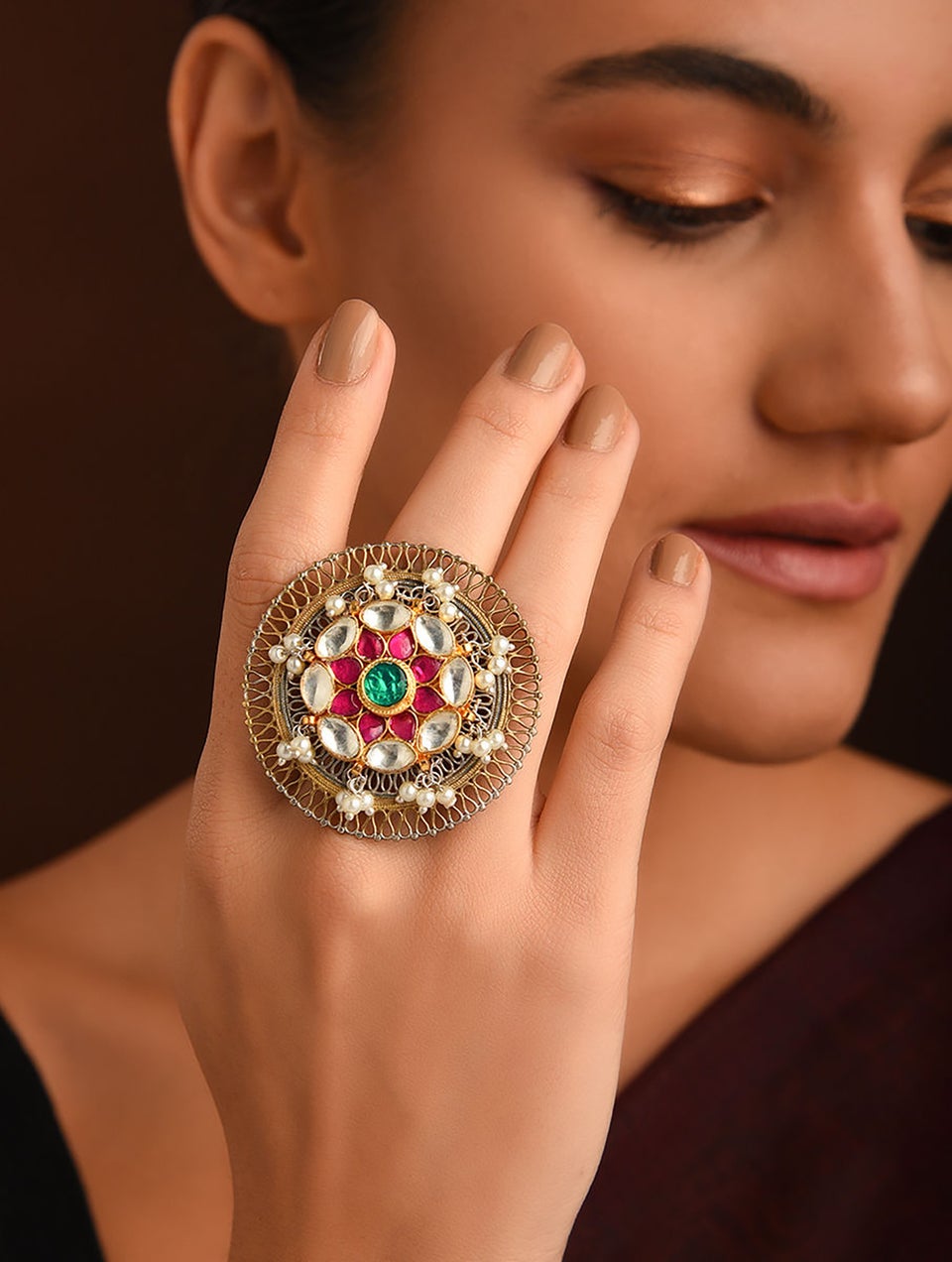 Women Pink Green Dual Tone Kundan Ring