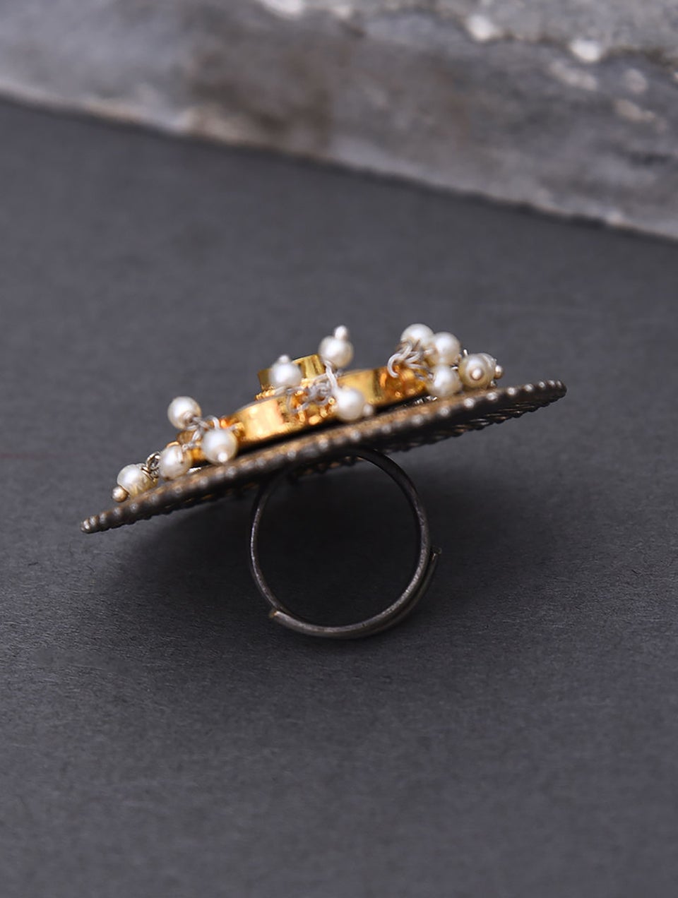 Women Pink Green Dual Tone Kundan Ring