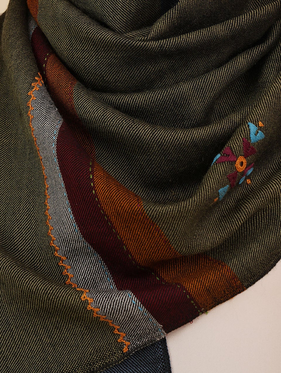 Women Multicolour Handwoven Wool Stole With Soof Embroidery