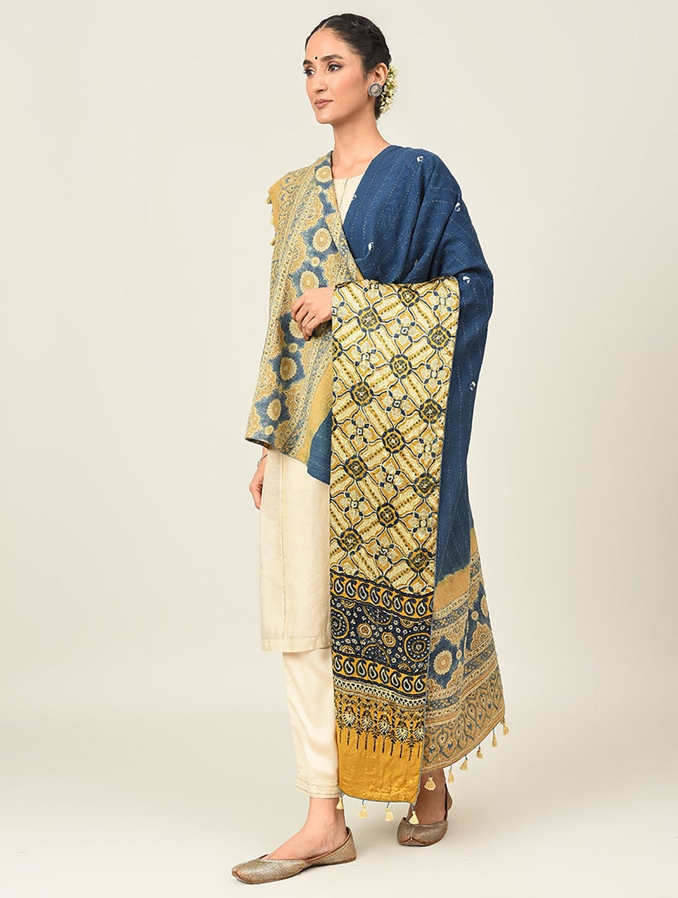 Women Multicolour Ajrakh Bandhani Wool Mashru Reversible Shawl With Kantha