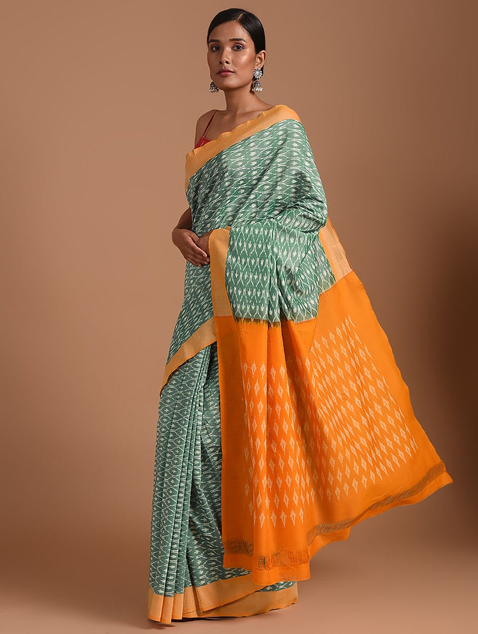 Women Green-Yellow Handwoven Ikat Cotton Saree