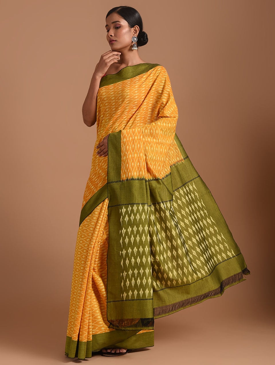 Women Yellow-Green Handwoven Ikat Cotton Saree