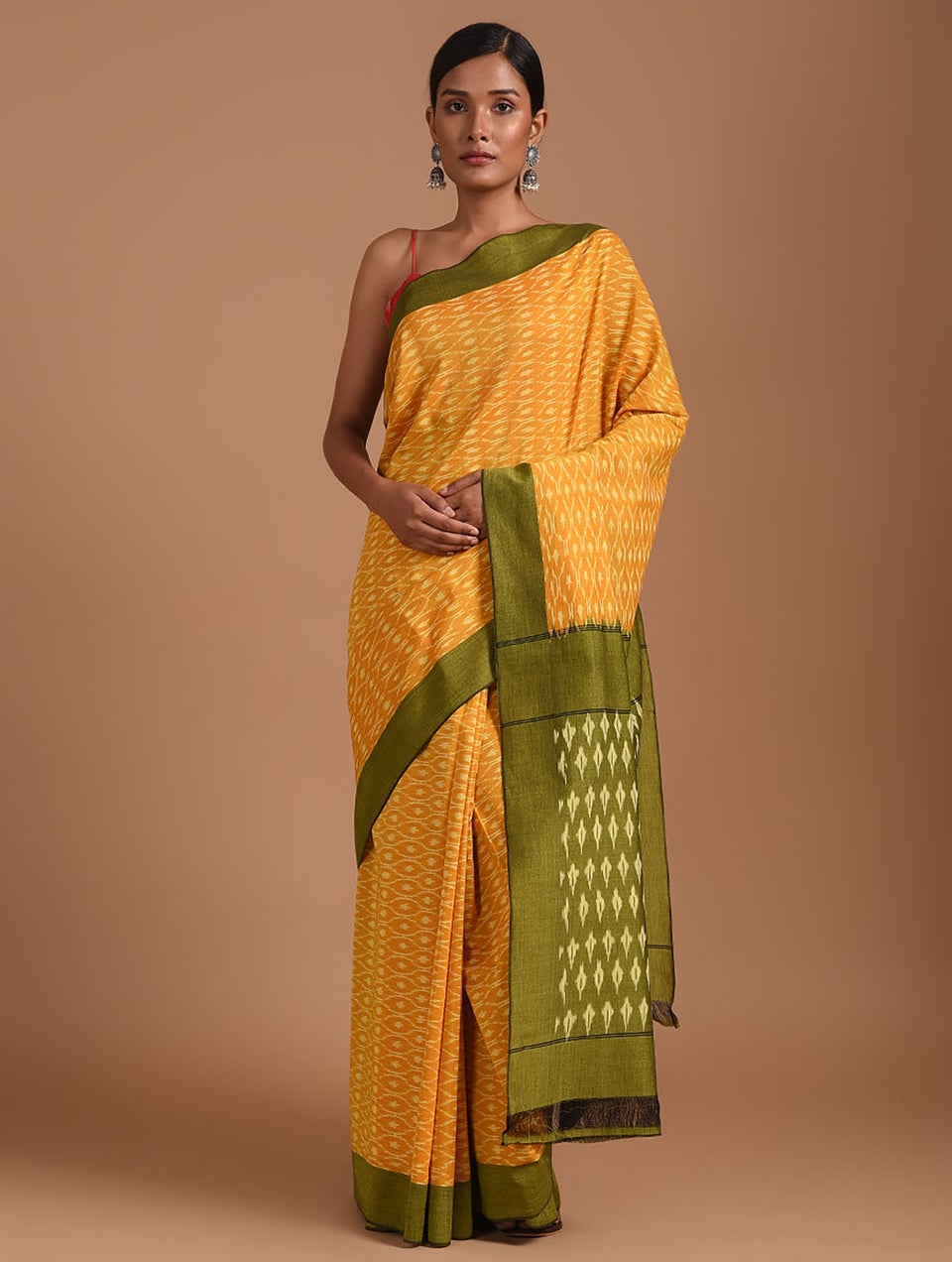 Women Yellow-Green Handwoven Ikat Cotton Saree