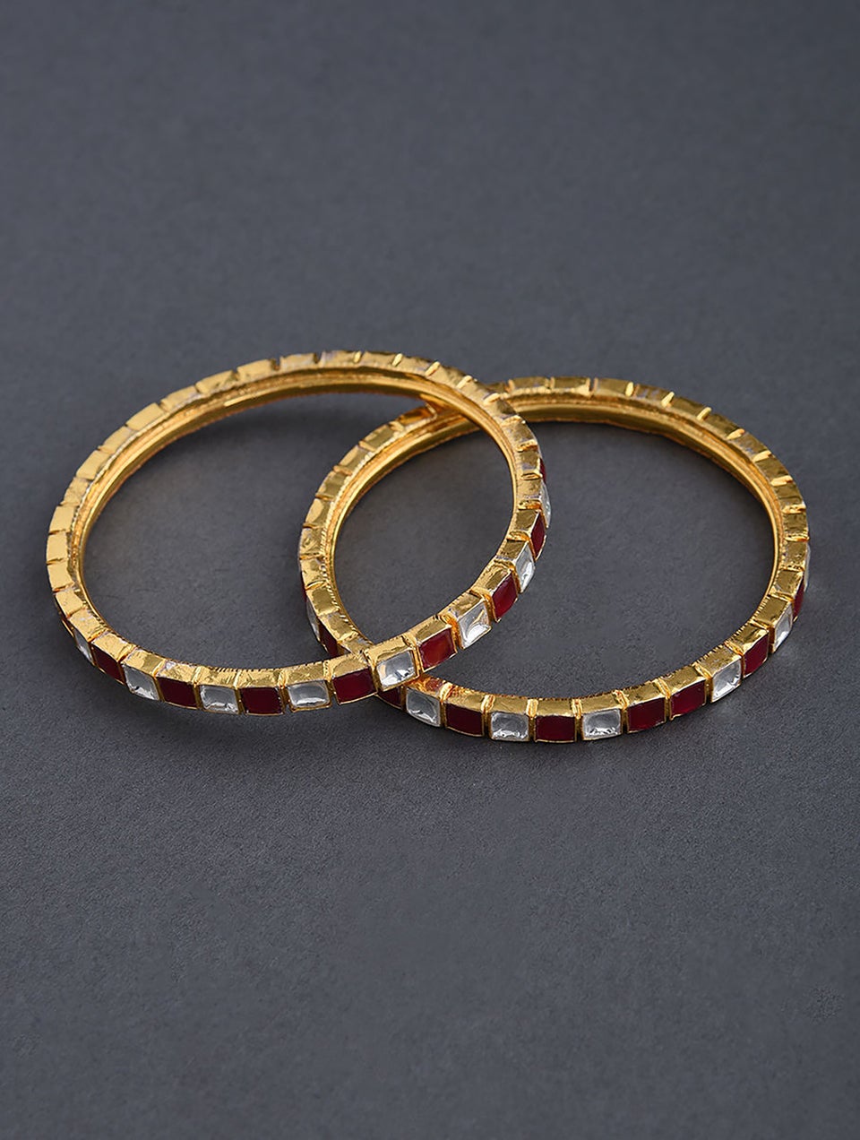 Women Red White Gold Tone Kundan Bangle - 2/6 -