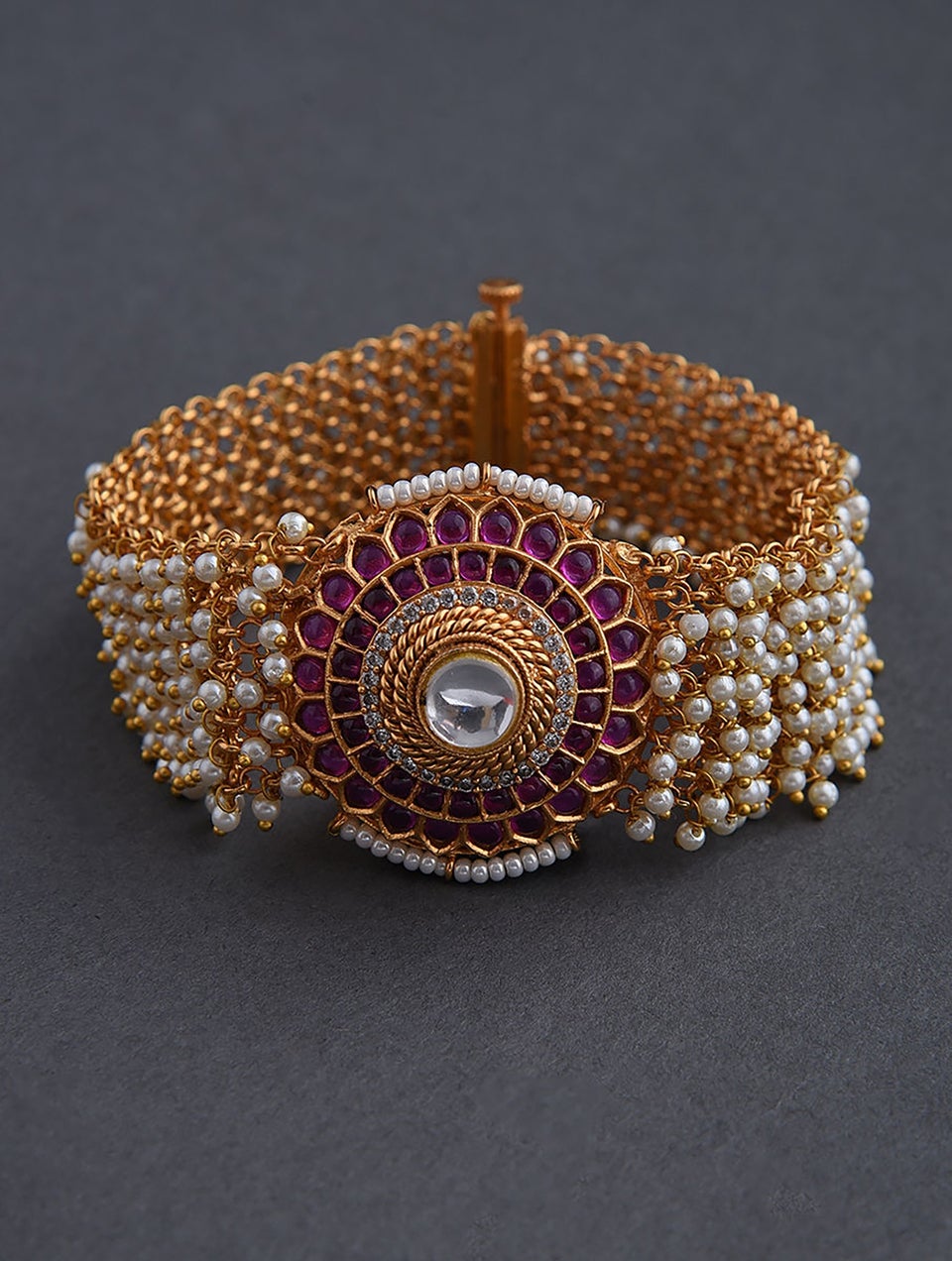 Women Pink White Gold Tone Kundan Bracelet - 2/4