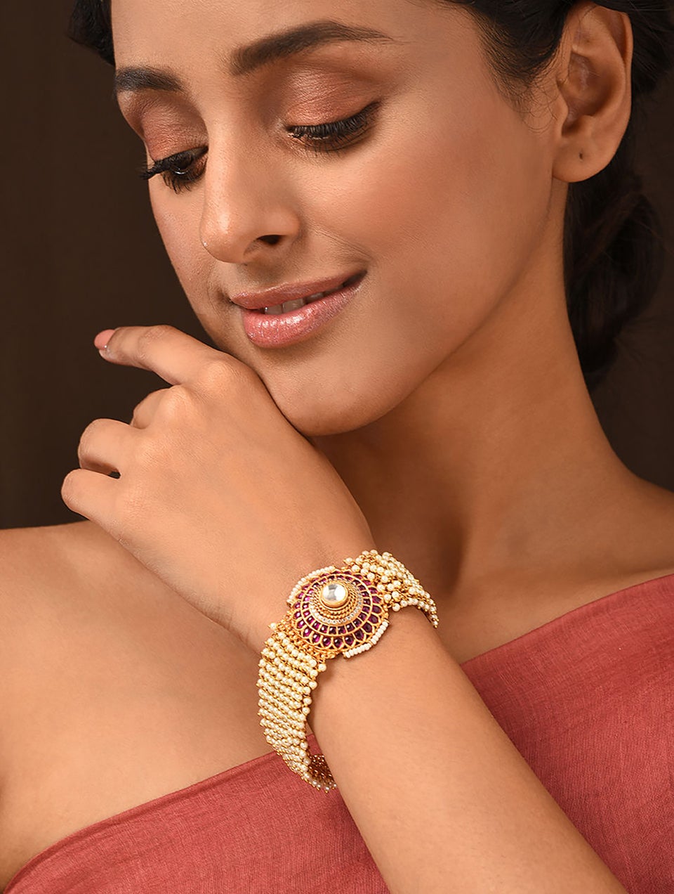 Women Pink White Gold Tone Kundan Bracelet - 2/4 -