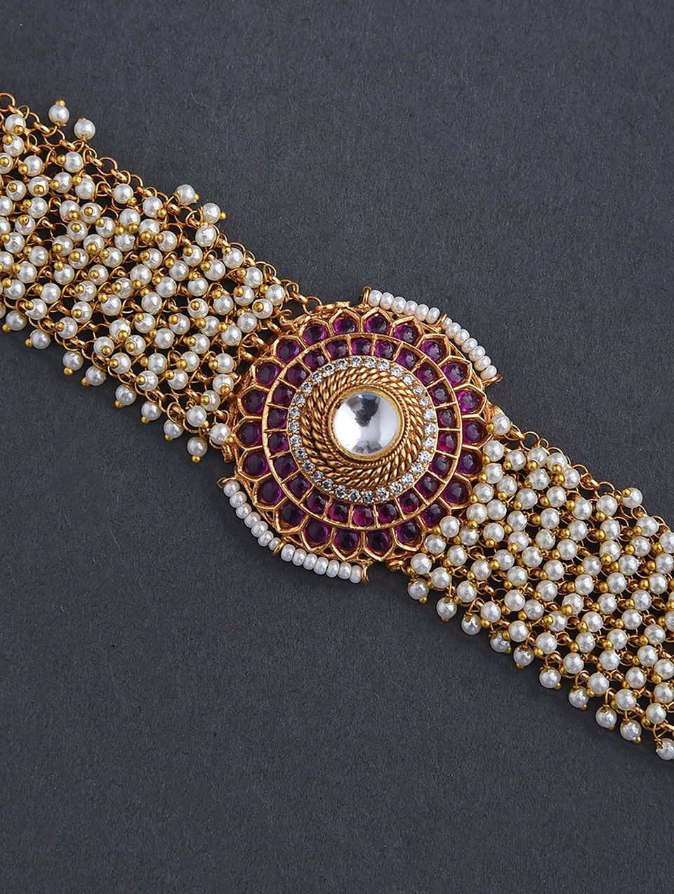 Women Pink White Gold Tone Kundan Bracelet - 2/4