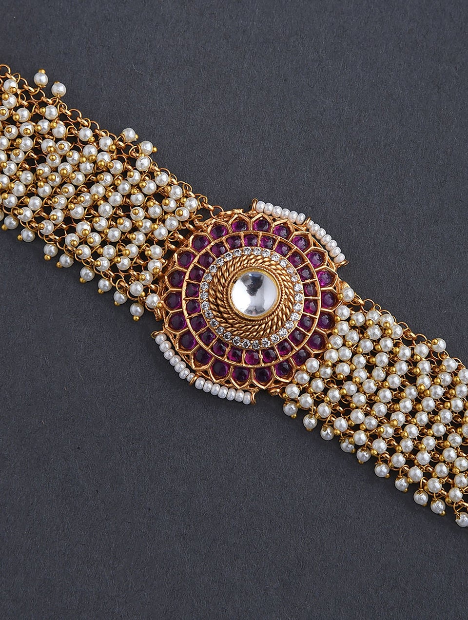 Women Pink White Gold Tone Kundan Bracelet - 2/4 -